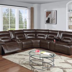 Brown Sectional Sofa With Power Recliner And Console  
