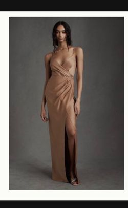 BHLDN Freya Satin Charmeuse Maxi Dress Sand Dune Size 0 NWT | Neutral Bridesmaid | Wedding Guest Gown