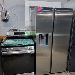 Samsung 2pc Set: 36in Side By Side Fridge & Gas Stove Stainless New Scratch And Dent 6-Months Warranty 