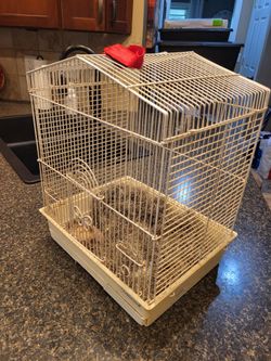 Tenwood white metal bird cage featuring angled house-styled pitch roof and plastic tray 10x13x17"