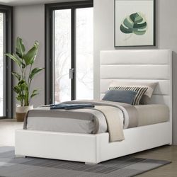 Frame Twin White finish, White faux leather Headboard, New Especial price