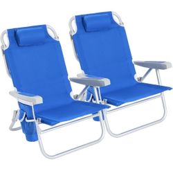2 Pack SUNNYFEEL Beach Chairs for Adults 5 Position Lay Flat, Portable Folding Backpack Beach Chair Heavy Duty with Cooler Bag, Cup Holder for Outdoor