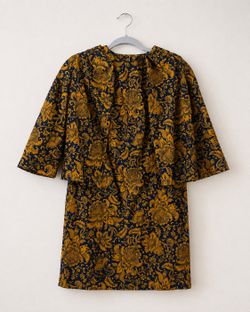 Vintage Handmade Navy Mustard Floral Shift Dress Matching Jacket 2 Piece Set