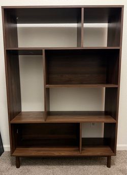 Modern Walnut Asymmetric Bookcase Shelf Unit