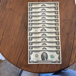 2 Dollar Bills Consecutive Serial Number (12) Bills