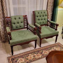Antique Eastlake Victorian Maplewood Ladies And Gentleman's Armchairs