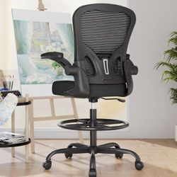 New Ergonomic Drafting Chair, Tall Office Chair with Flip-up Armrests, Breathable Mesh High Desk Chair with Lumbar Support Adjustable Footrest Ring fo