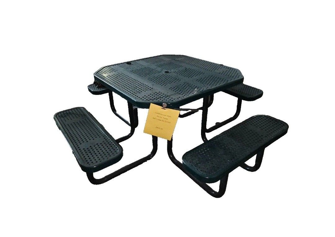Commercial Style 4 Bench Coated Metal Picnic Table Giant Square Shape, Green