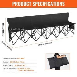20# Portable Folding Bench, 6 Seat Foldable Soccer Bench with Side Pockets and Carrying Bag, Lightweight Sideline Seating with Back Rest for Football,