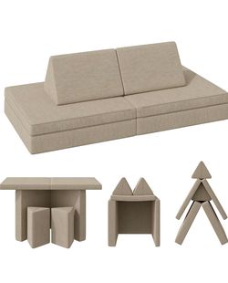 Khaki Folding Upholstered Modular Kids Play Couch with 6-Soft Foam Sectional Sofa Pieces