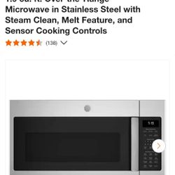 GE
1.9 cu. ft. Over-the-Range
Microwave in Stainless Steel with
Steam Clean, Melt Feature, and
Sensor Cooking Controls