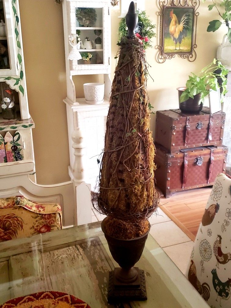 Artificial Rustic Topiary Pine Tree In Bronze Urn.
