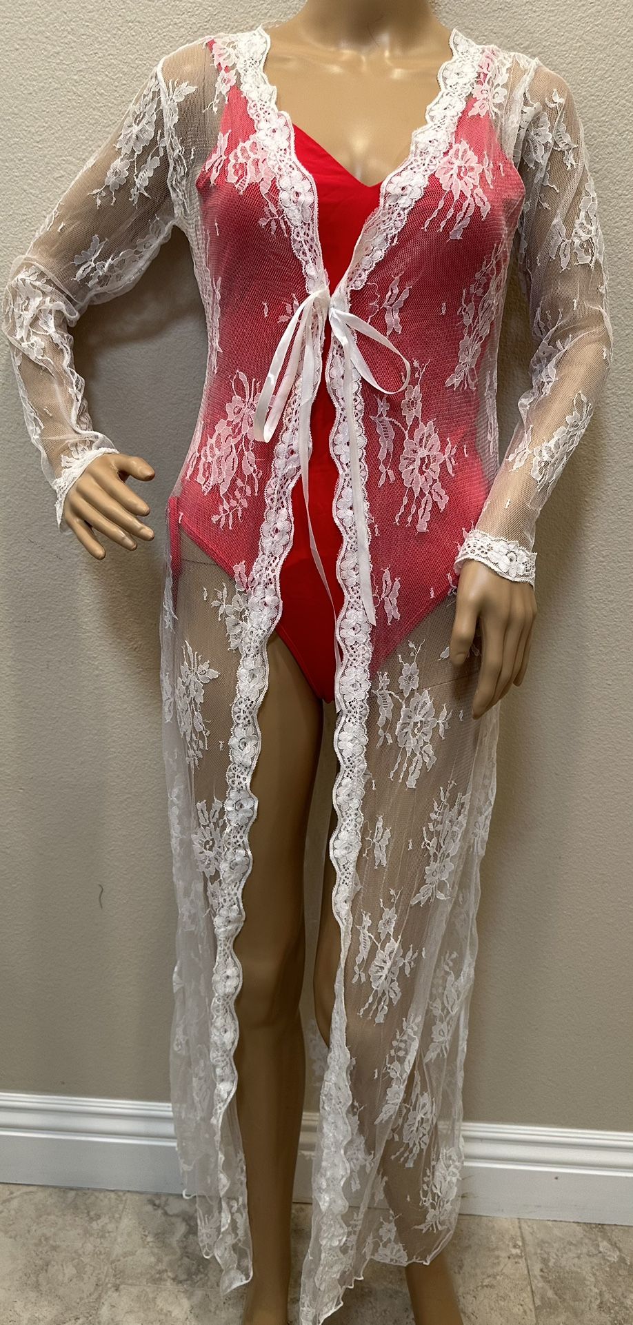 White Long Lace Maxi Cover Up Robe Beach Swimsuit Lingerie Robe