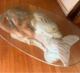 Vintage 1980s Mermaid and Dolphin Coffee Table Oval Glass Top LOCAL PICKUP ONLY