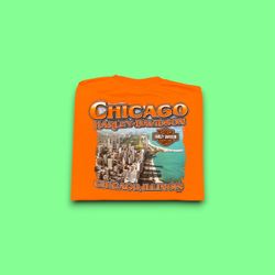 Vintage Harley Davidson motorcycles Chicago Illinois city skyline t-shirt orange men’s XL 
