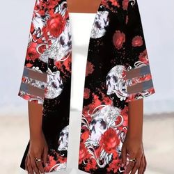 Medium Women's Gothic Long Sleeve Cardigan 3D Punk Boho Skull Print Grunge Shirt clothing sweater clothes grunge boho punk clothing Coatigan