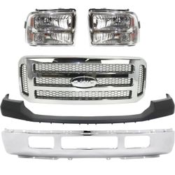 NEW Front Bumper Upper and Lower,  Headlights and Chrome Grille for Ford F250 and F350 From 2005 to 2007 Also Fits Excursion 2005