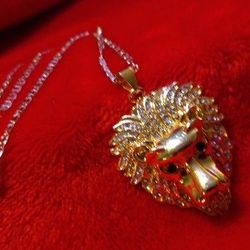14K Gold LION HEAD Rhinestone Pendant