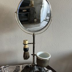 Vintage Shaving Mirror On Stand With Brush And Cup