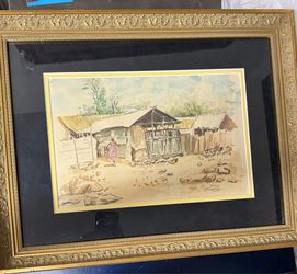 Original Framed Watercolor Village Scene - Signed & Dated 1987 - 21" × 17"