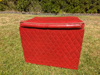 Vintage MCM Vinyl Storage Ottoman The Bon Marche Studded diamond pleated red retro antique chest