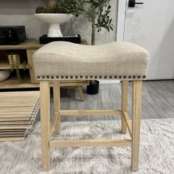 Natural Wood Colored Stool With Light, Beige Cushion, No Stains