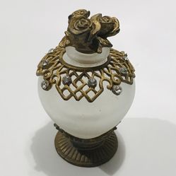 Vintage Small Frosted Glass Gold Tone Ornate Trim Perfume Bottle 3”-2”, good vintage condition 