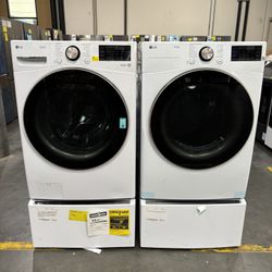LG ThinQ Front Load Washer & Dryer Set + Pedestal Washer & Storage Pedestal – White 