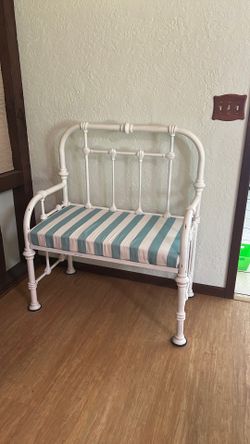 Repurposed Vintage Metal Headboard Bench with Striped Cushion