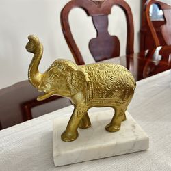 Vintage ELEPHANT Trunk Up Good Luck Gold Brass On Marble Base Statue