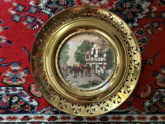 Vintage Solid Brass Wall Hanging Plate Foil Art Picture 10.75"W