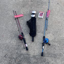 2 Fishing Poles, Reels,hooks,2bolts0f Wire, More