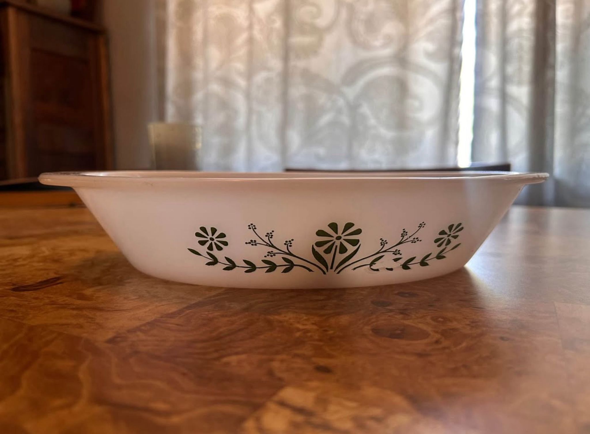 Vintage Glasbake Primrose Divided Dish: Green Floral Oval Vegetable Serving Bowl