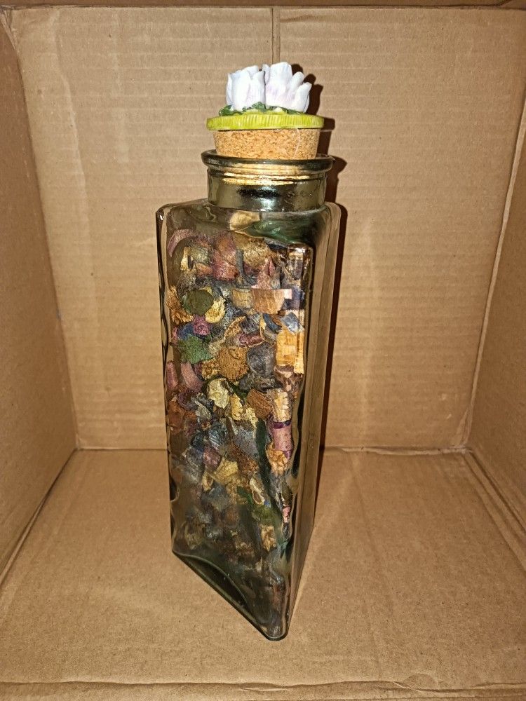 Vintage Triangular Glass Decorative Bottle with Hand Painted Ceramic Rose Top Cork