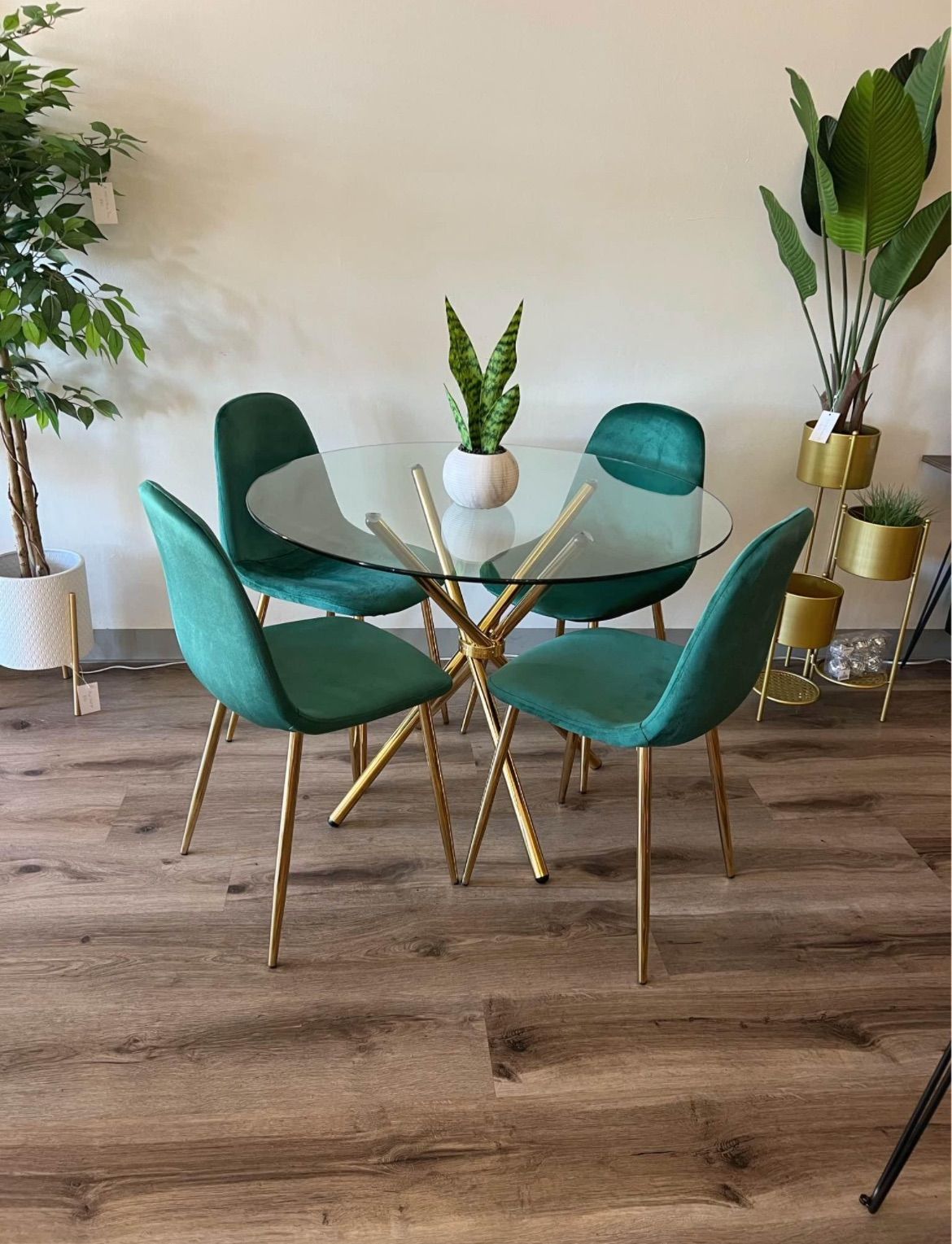 Dark Green Velvet Gold Round Kitchen Table Dining Set