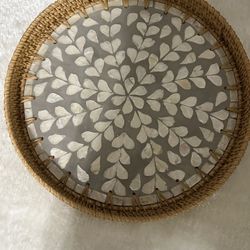 Rattan Tray With Mother Of Pearl Inlay Wooden base 