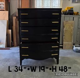 Beautiful vintage dresser chest 4 drawers all wood sturdy refinished black and gold pulls
