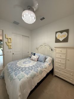Queen bed frame with mattress, nightstand, dresser