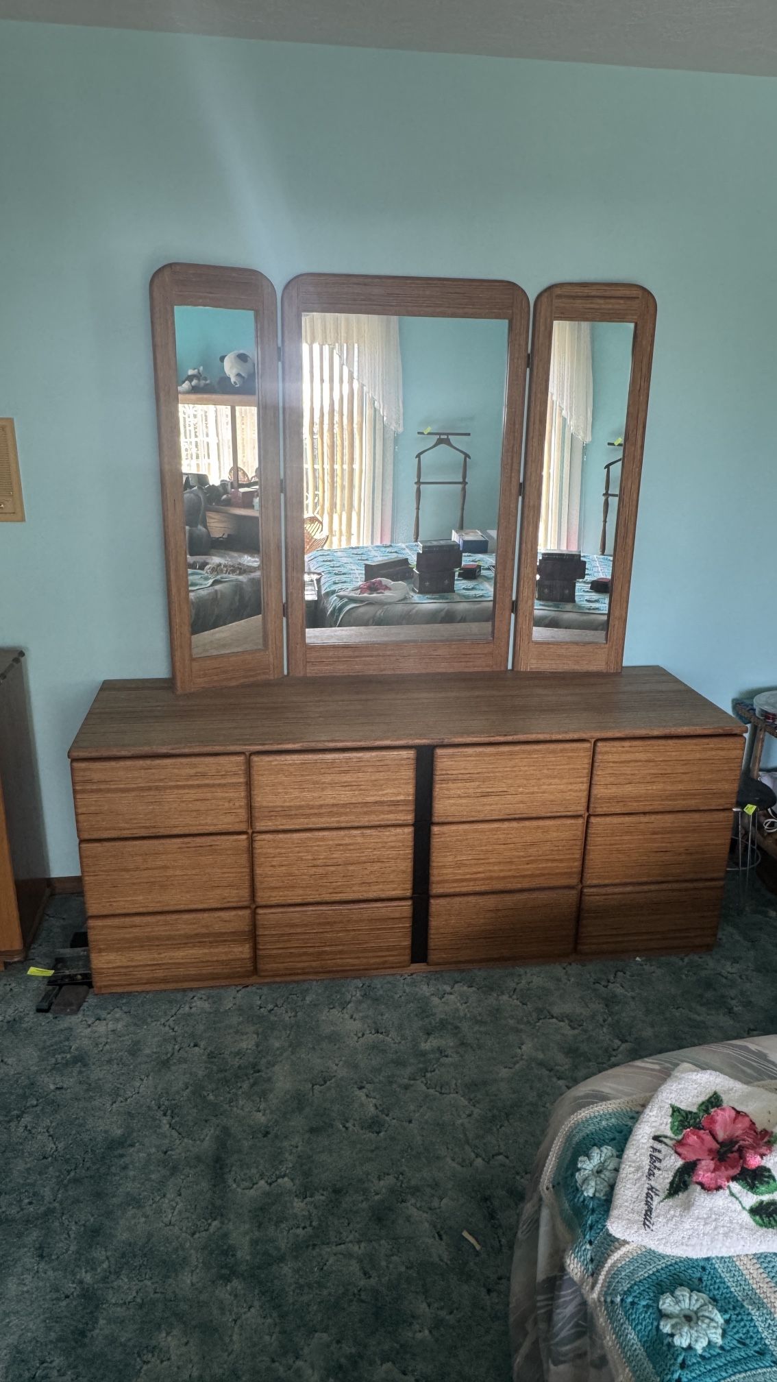 Mid-Century Modern Wambold 9-Drawer Dresser with Triple Mirror – 72x75x22