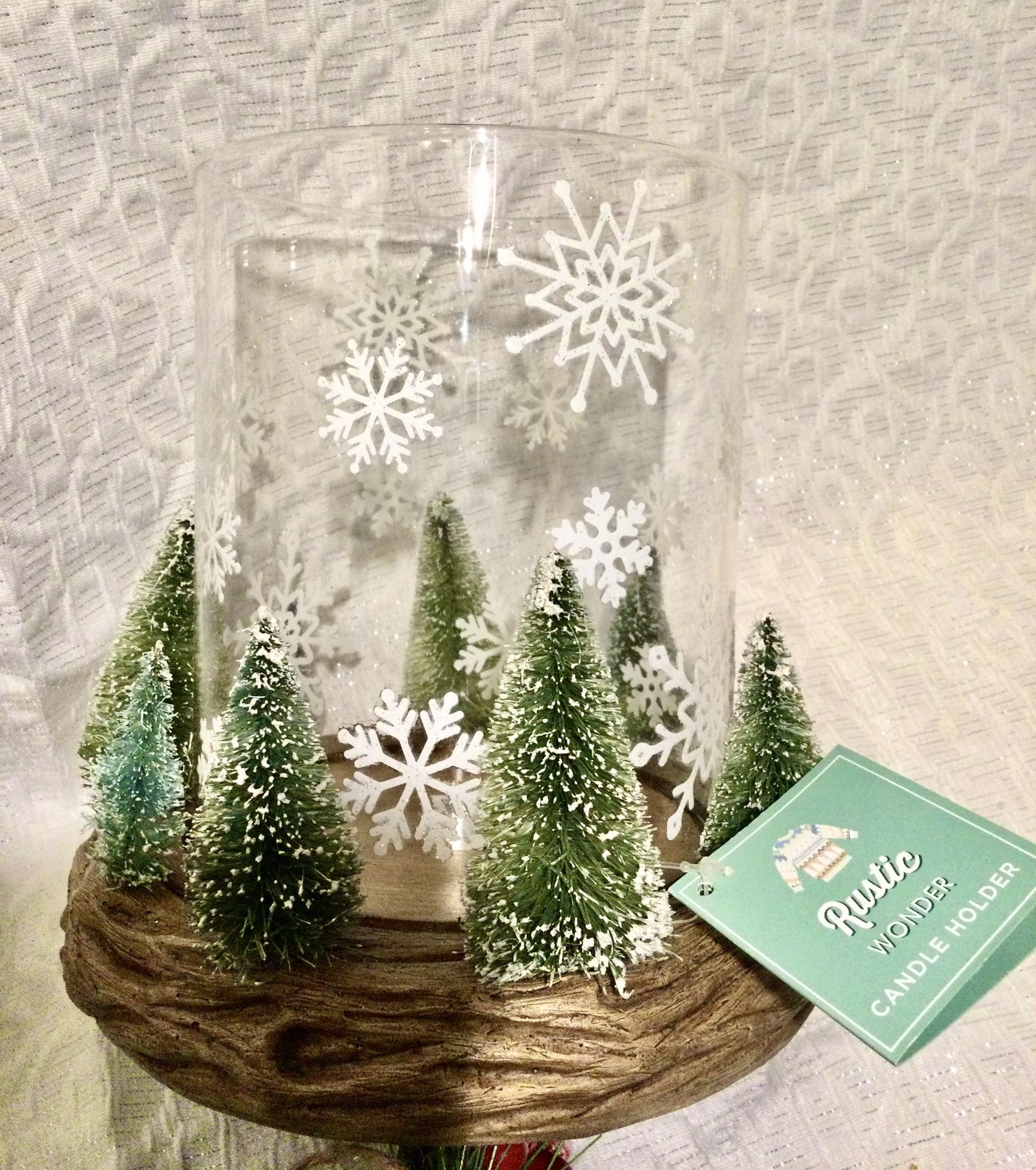 St. Nicholas Square Rustic Winter Candle Holder, Snowflakes & Trees