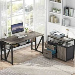 F2100AB 55-inch L Shaped Desk with Rolling File Cabinet, Desk with Shelf (Gray and Black)