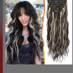 BARSDAR Black And Blonde Clip In Hair Extensions - Black Blonde Highlights Long Wavy Clip In Hair Extensions For Women - 20 Inch 5 PCS Thick Soft Synt