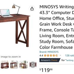 MINOSYS Writing Desk – 43.3” Computer Desk for Home Office, Sturdy Wooden Grain Work Desk X Frame, Console Table for Living Room, Entryway, Study Room