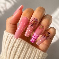 Handmade Pink Press On Nails Floral 3D Long Coffin False Nails Set