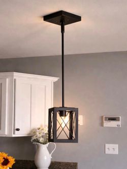 Modern Matte Black Metal Square Lantern Cage Pendant Ceiling Light, Hardwired Single-Light Fixture