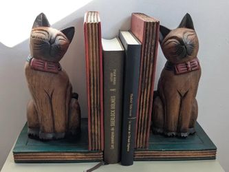 Vintage Hand Carved Wooden Cat Bookends Folk Art Library Decor Set