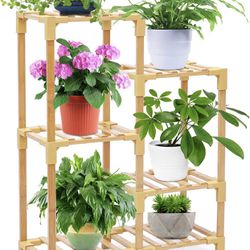 Bamboo Plant Stand Plants Shelf for Indoor Outdoor, Ohuhu 6 Pots Tiered Stands Flower Pot Holder Shelves, 100% Bamboo Floor Rack for Gardening Pots Pl