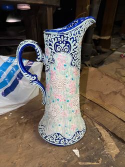 Vintage blue ceramic vase pitcher