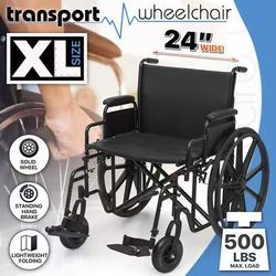 24" EXTRA-WIDE Self Propedded Foldable Transport Wheelchair Adjustable Footrest