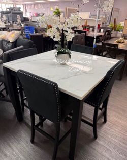 Stylish 5-pc counter Height dining table set white faux marble table top